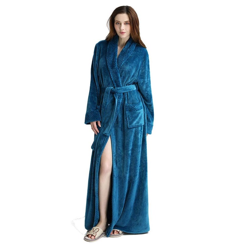 Oksun Womens Plush Fleece Long Robe: Flannel Warm Bathrobe - Full Length Winter Housecoat - Soft Cozy Nightgown Sleepwear (Blue, L) - Image 2